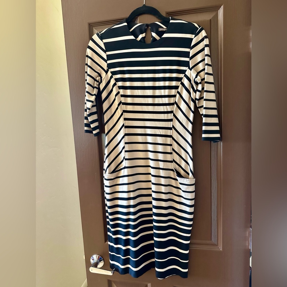 J. McLaughlin Striped Shift 3/4 Sleeve Dress - POCKETS!